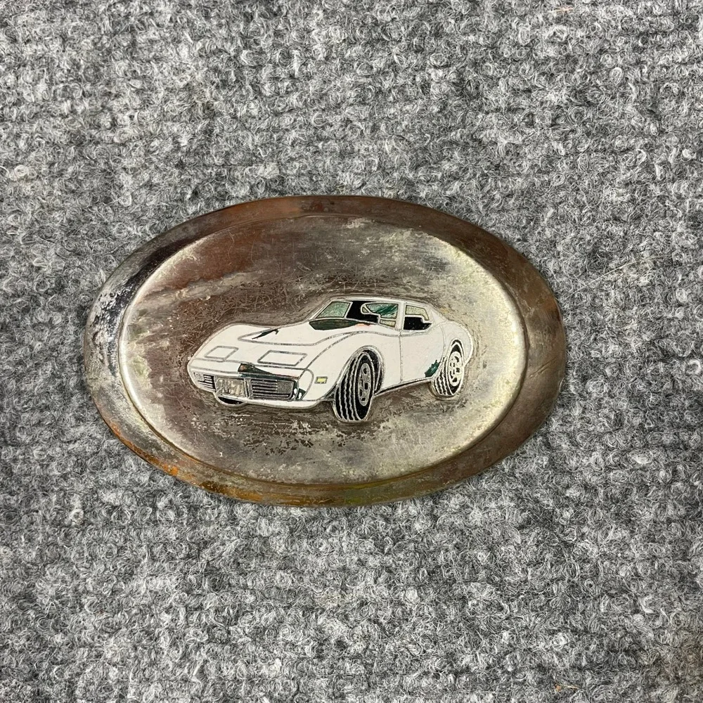Vintage Belt Buckle Silver Toned White Corvette C3 Stingray Oval Muscle Car